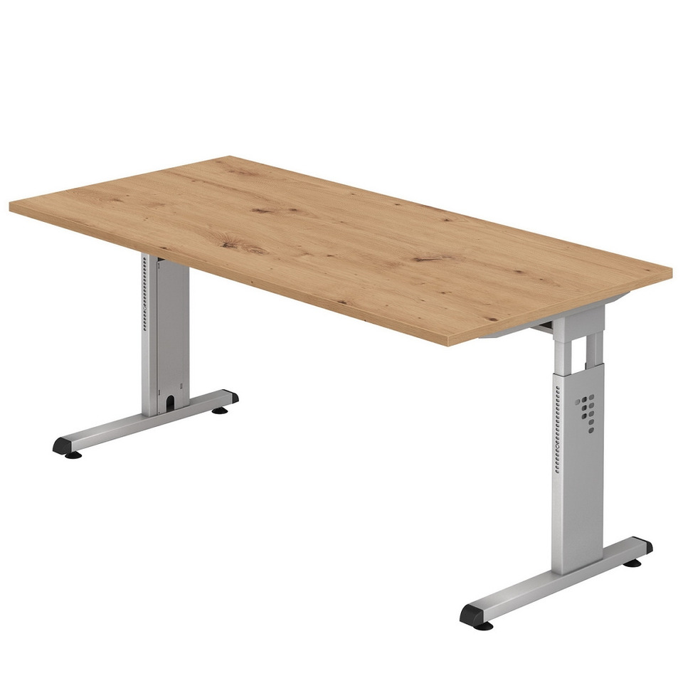 Hammerbacher Schreibtisch C-Fuß - 160 x 65-85 x 80 cm, höhenverstellbar, Asteiche/Silber