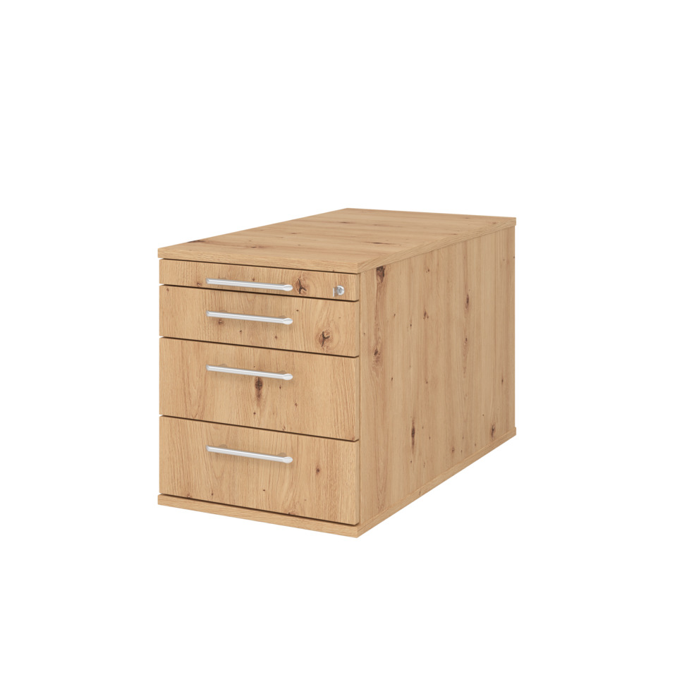 Hammerbacher Rollcontainer SOLID - 42,8 x 51,2 x 80 cm, 3 Schübe, Relinggriff, Asteiche