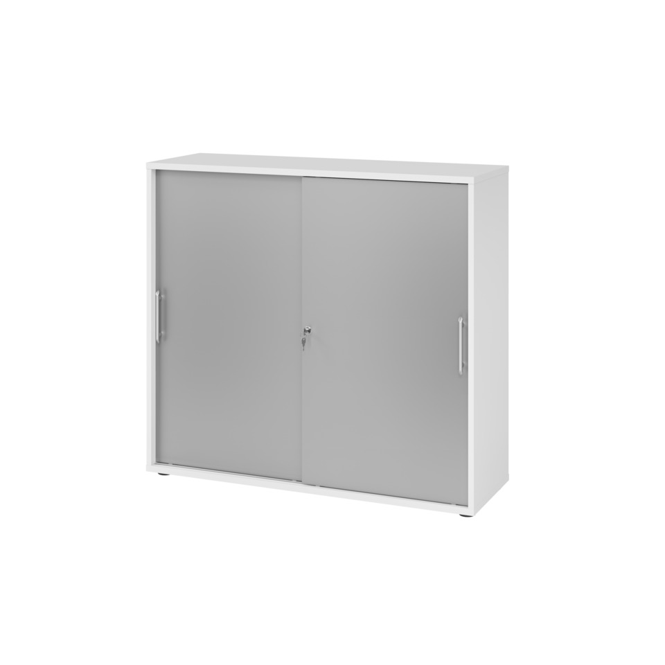 Hammerbacher Schiebetürschrank - 3OH, 120 cm, Relinggriff, Weiß/Silber