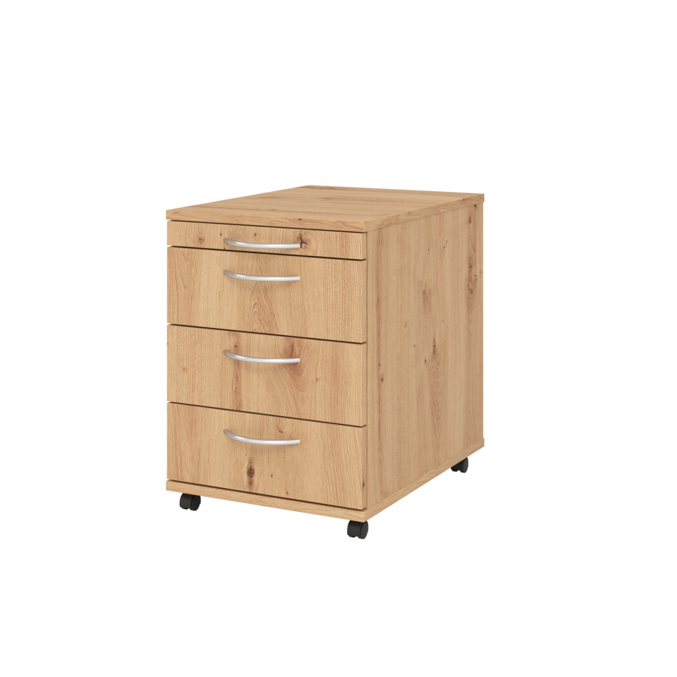 Hammerbacher Rollcontainer BASIC - 42,8 x 59 x 58 cm, 3 Schübe, Bogengriff, Asteiche