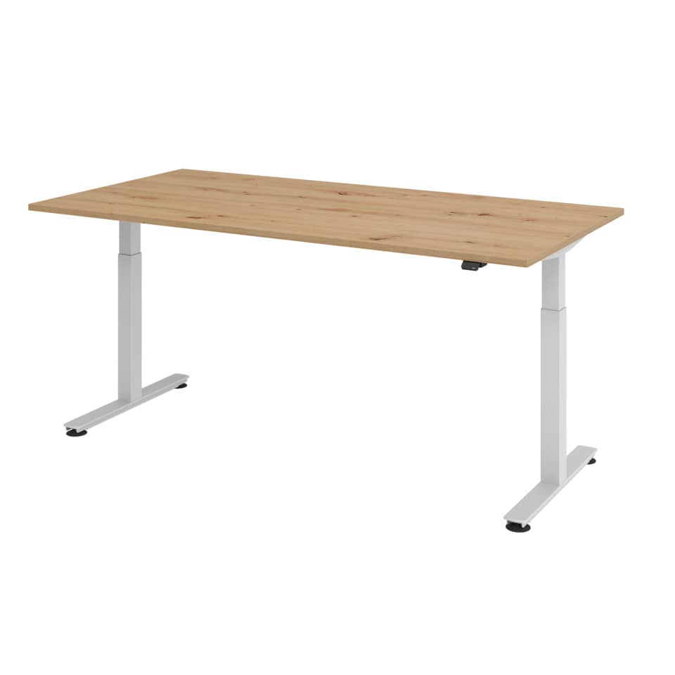 Hammerbacher Schreibtisch T-Fuß elektrisch - 200 x 73-119 x 100 cm, Asteiche/silber
