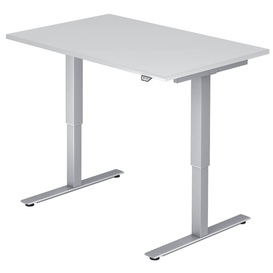 Hammerbacher Sitz-Steh-Schreibtisch mit T-Fuß - 120 x 72-119 x 80 cm, elektr. höhenverstellbar, weiß, mit Montageservice