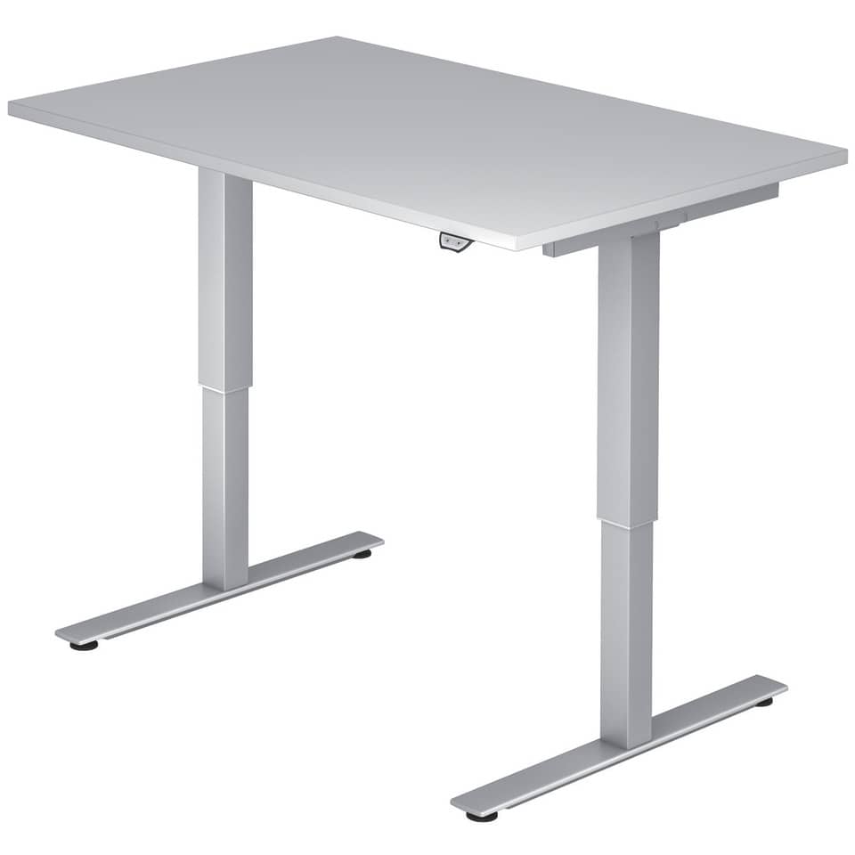 Hammerbacher Sitz-Steh-Schreibtisch mit T-Fuß - 120 x 72-119 x 80 cm, elektr. höhenverstellbar, grau, mit Montageservice