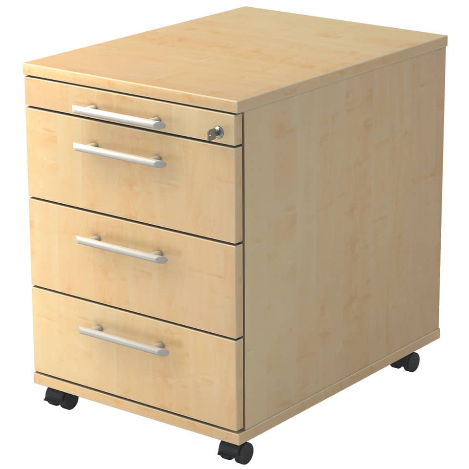 Hammerbacher Rollcontainer SOLID - 42,8 x 59 x 58 cm, 3 Schübe, Relinggriff, Ahorn