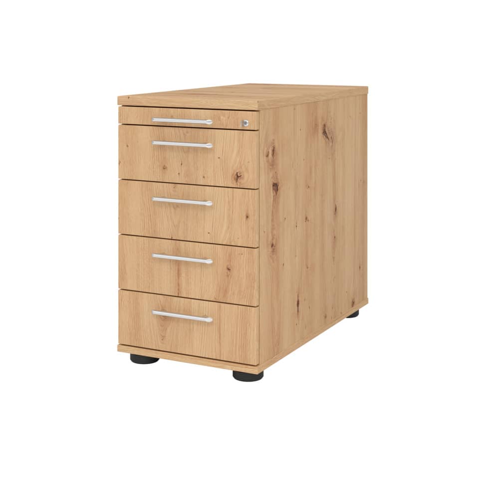 Hammerbacher Standcontainer SOLID - 42,8 x 72-76 x 80 cm, 4 Schübe, Relinggriff, Asteiche, mit Montage