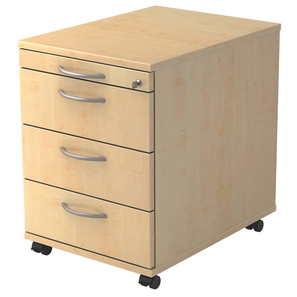 Hammerbacher Rollcontainer SOLID - 42,8 x 59 x 58 cm, 3 Schübe, Bogengriff, Ahorn