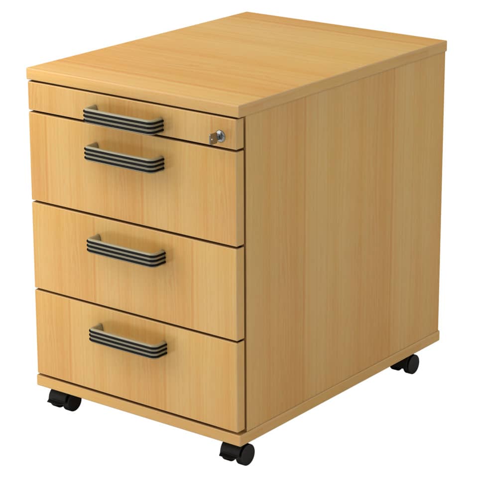 Hammerbacher Rollcontainer SOLID - 42,8 x 59 x 58 cm, 3 Schübe, Relinggriff, Buche