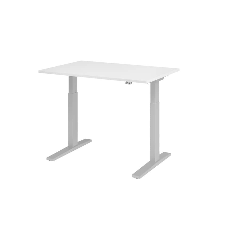 Hammerbacher Schreibtisch T-Fuß elektrisch - 120 x 70-120 x 80 cm, höhenverstellbar, weiß/silber