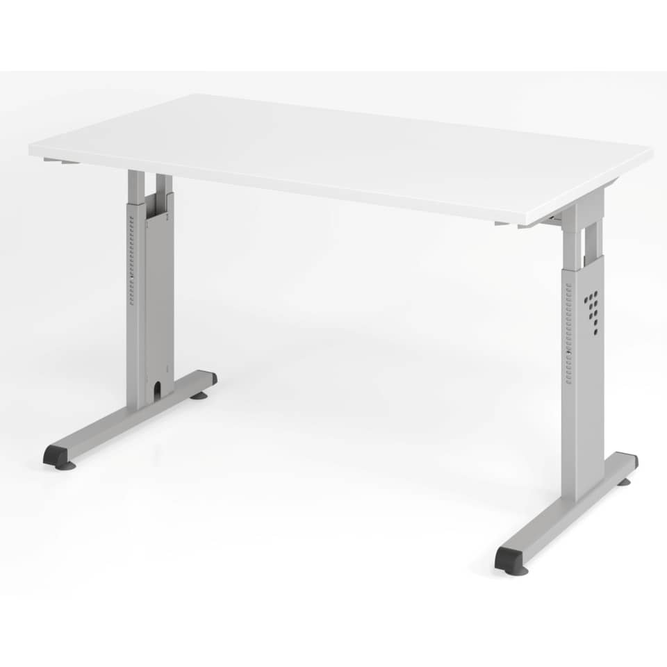 Hammerbacher Schreibtisch Mini Office O-Serie, C-Fuß - 120 x 65-85 x 67 cm, weiß/silber