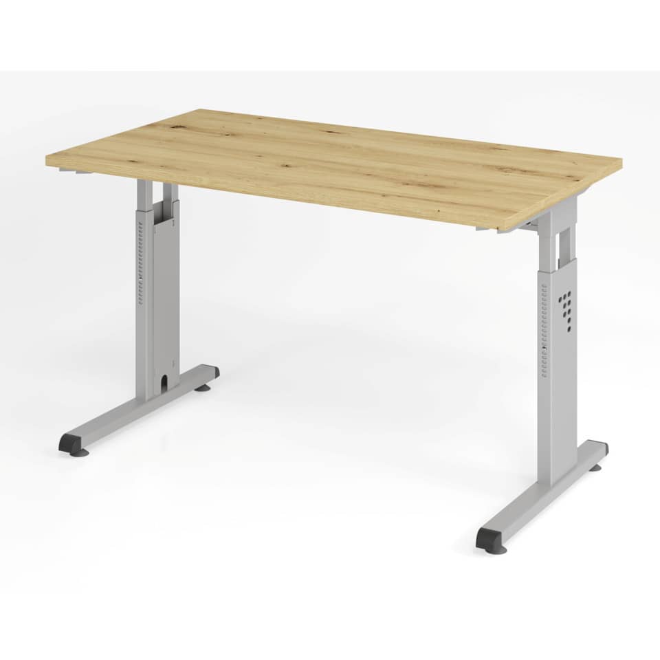Hammerbacher Schreibtisch Mini Office O-Serie, C-Fuß - 120 x 65-85 x 67 cm, Asteiche/silber