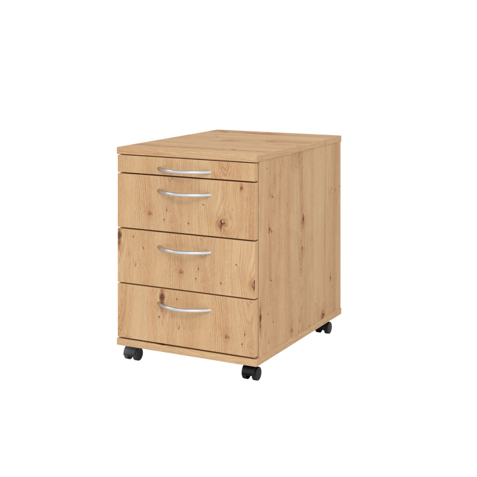 Hammerbacher Rollcontainer SOLID - 42,8 x 59 x 58 cm, 3 Schübe, Bogengriff, Asteiche