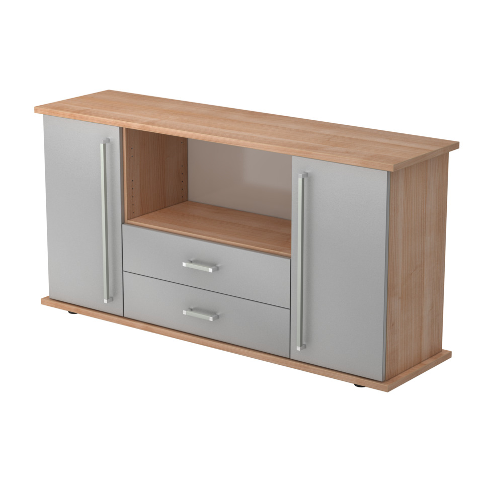 Hammerbacher Sideboard SBTS - je 2 Flügeltüren/Schübe (BxTxH) 166,1 x 44,8 x 84 cm (2 Ordnerhöhen), Nussbaum/Silber