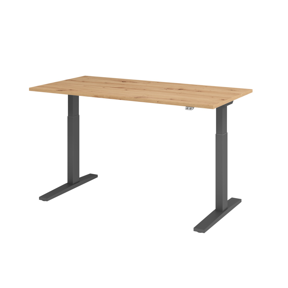 Hammerbacher Schreibtisch T-Fuß elektrisch - 160 x 80 x 70-120 cm, höhenverstellbar, Asteiche/Graphit, Montageservice