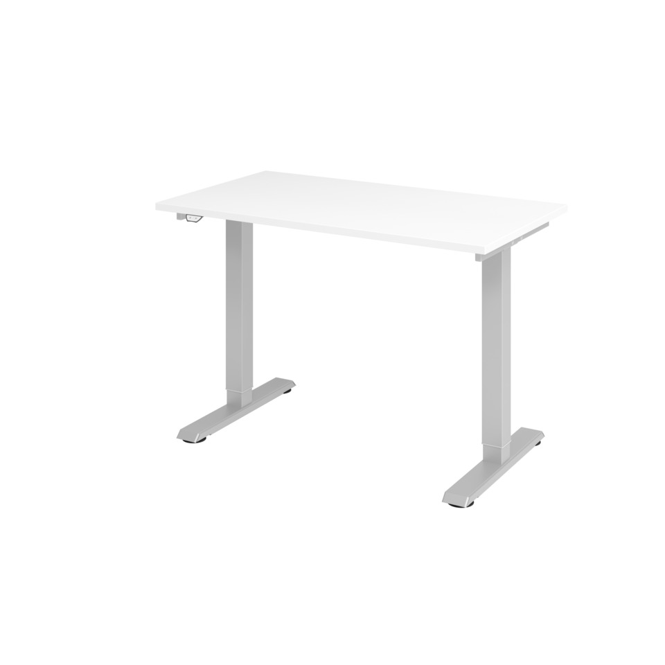 Hammerbacher Schreibtisch T-Fuß elektrisch - 120 x 71-120 x 67 cm, weiß/silber
