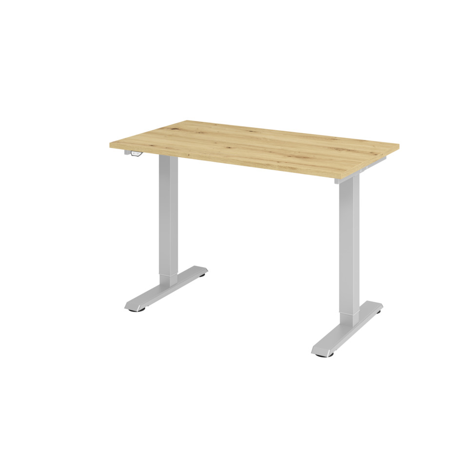 Hammerbacher Schreibtisch T-Fuß elektrisch - 120 x 71-120 x 67 cm, Asteiche/silber