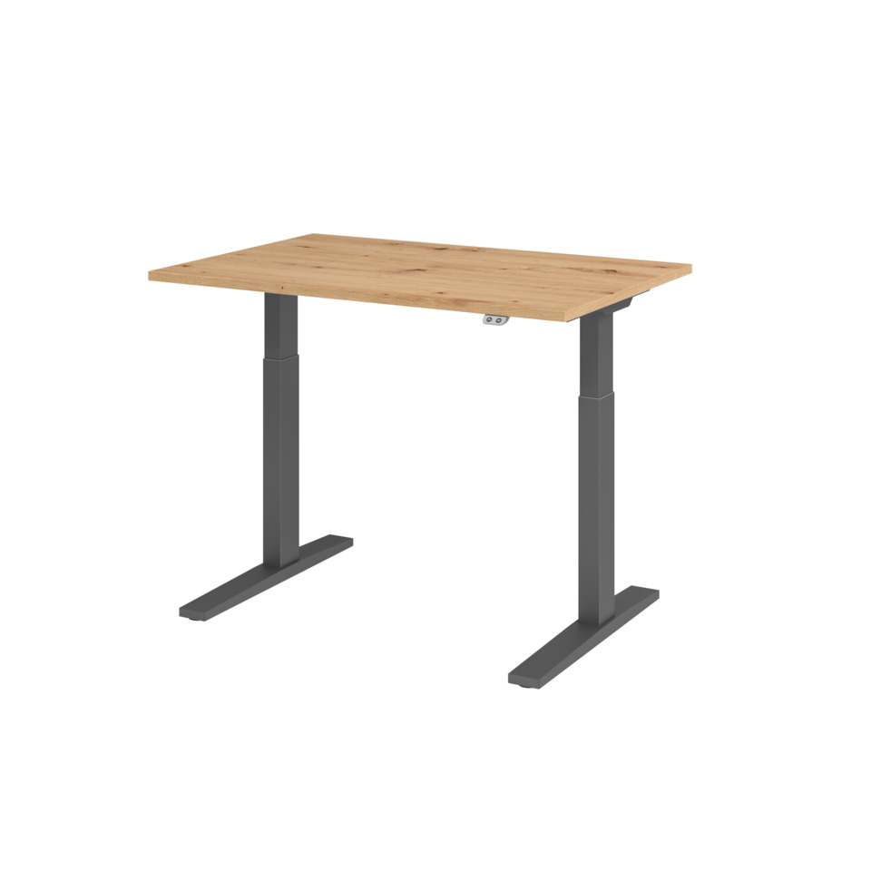 Hammerbacher Schreibtisch T-Fuß elektrisch - 120 x 70-120 x 80 cm, höhenverstellbar, Asteiche/Graphit, Montageservice