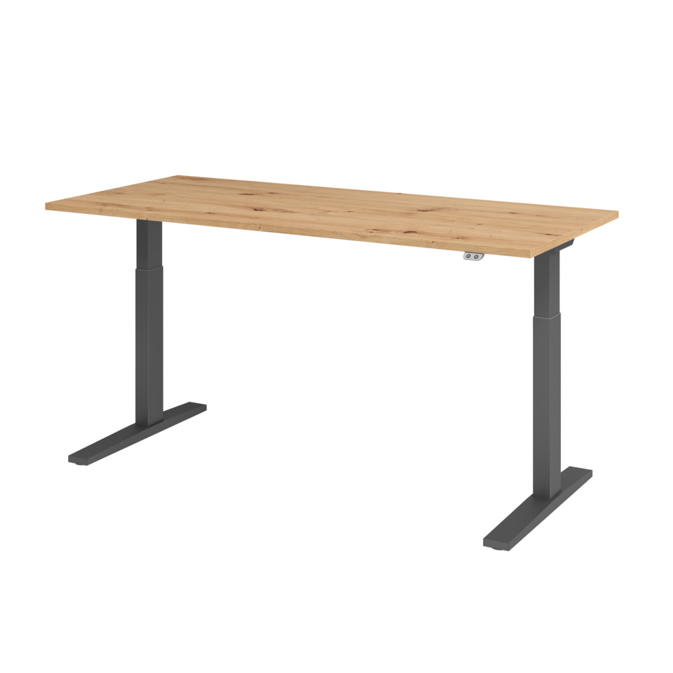 Hammerbacher Schreibtisch T-Fuß elektrisch - 180 x 80 x 70-120 cm, höhenverstellbar, Asteiche/graphit, Montageservice