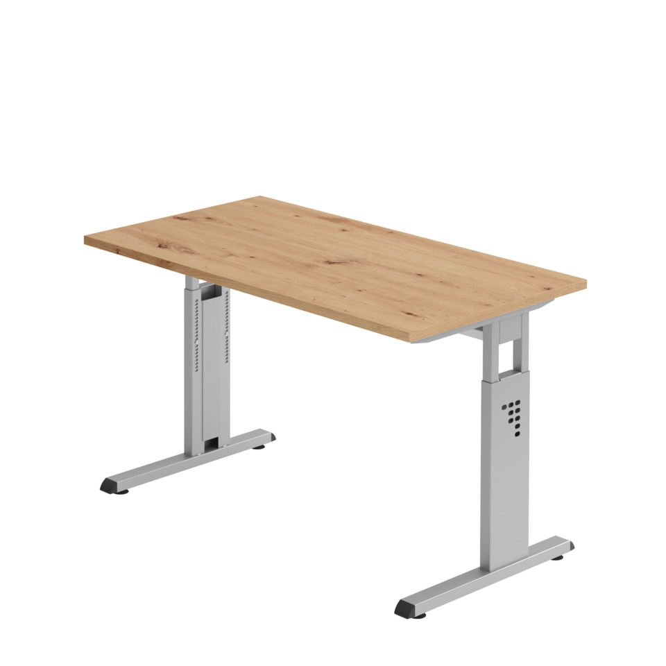 Hammerbacher Schreibtisch Mini Office O-Serie, C-Fuß - 120 x 65-85 x 67 cm, Asteiche/silber