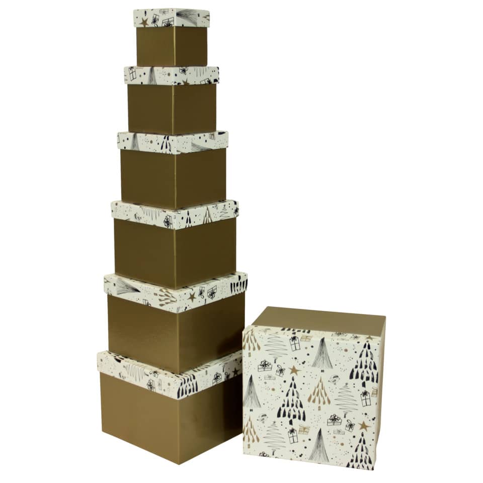 Weihn. Geschenkkarton Bäume - 7-tlg., gold/weiß