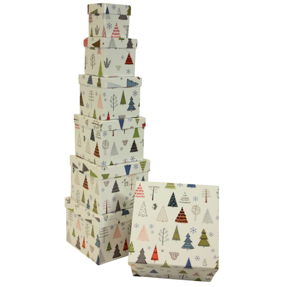 Weihn. Geschenkkarton Bäume - 7-tlg., weiß
