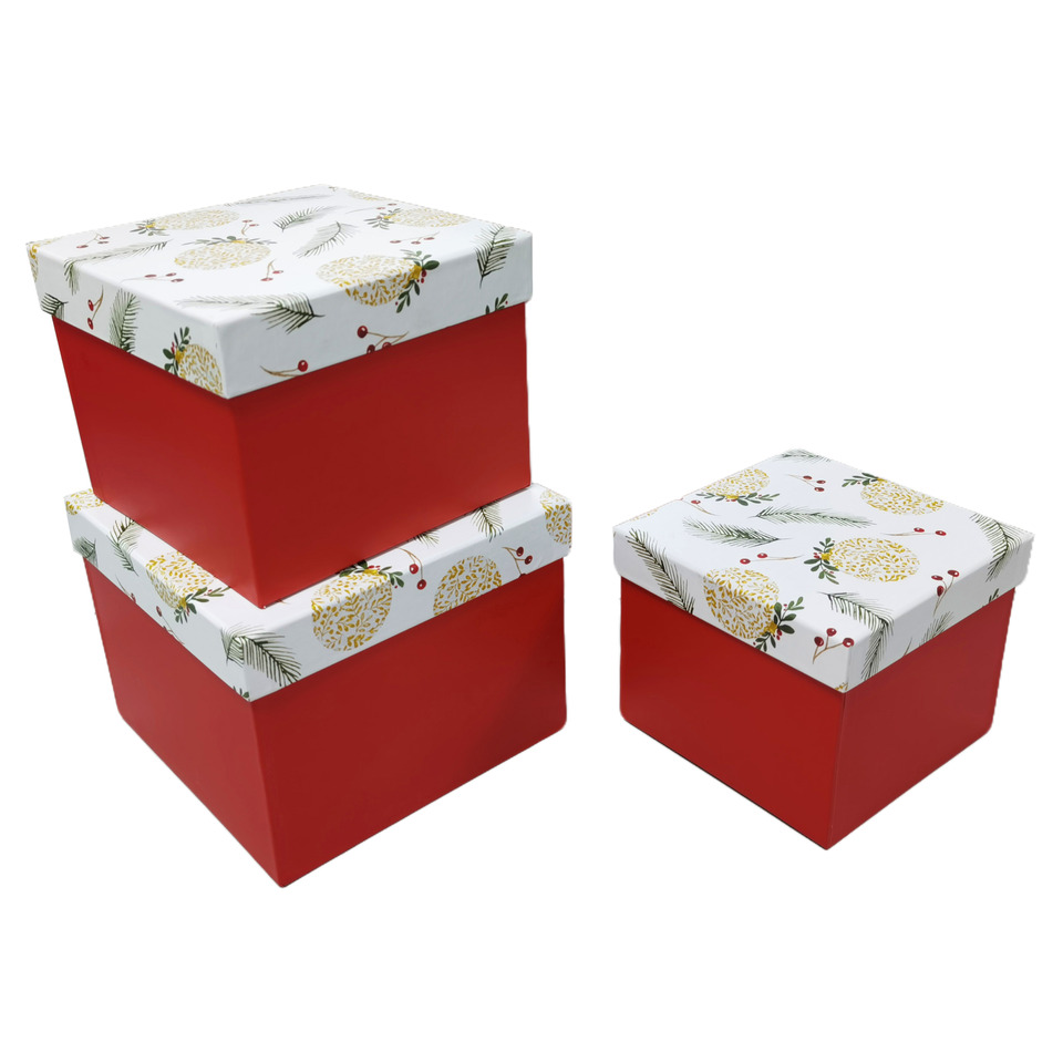 Weihnachts-Geschenkkarton Kugeln, 3-teilig, weiß/rot