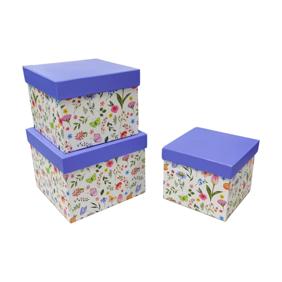 Geschenkkarton Wiesenblumen, 3-teilig, weiß/flieder