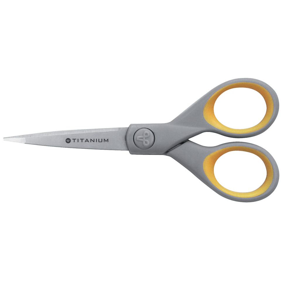 Schere Titanium Super, rostfrei, abgerundet, gerade, asymmetrisch, grau/gelb, 13cm