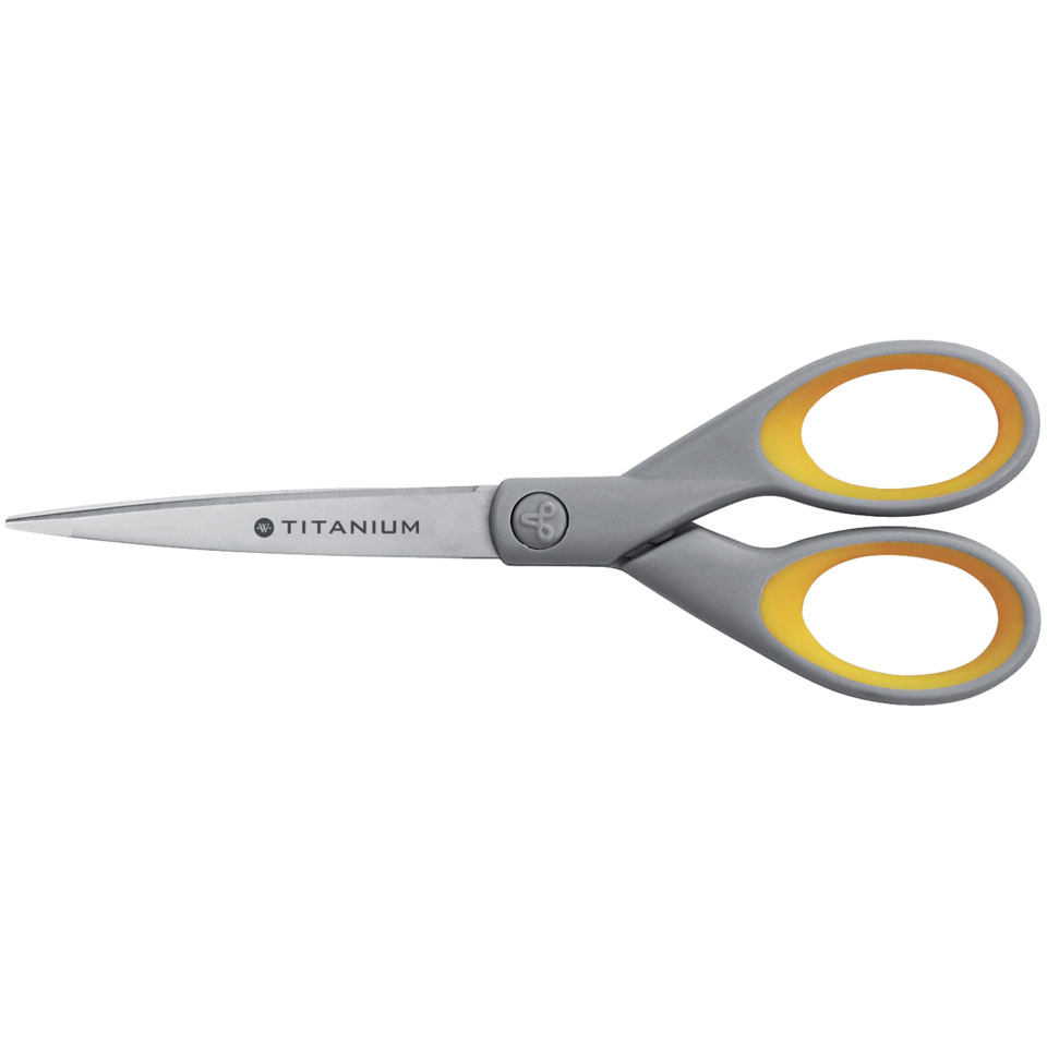 Schere Titanium Super, rostfrei, abgerundet, gerade, asymmetrisch, grau/gelb, 18cm