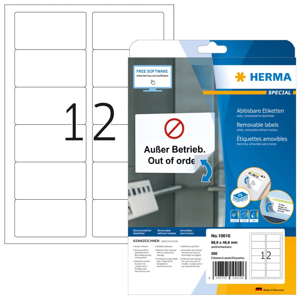 10010 Etiketten A4 weiß 88,9x46,6 mm Movables/ablösbar Papier matt 300 St.