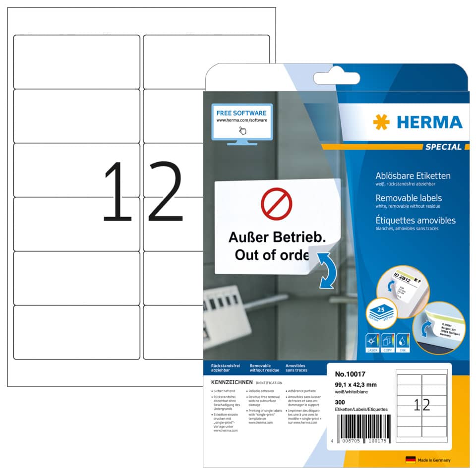 10017 Adressetiketten A4 weiß 99,1x42,3 mm repositionierbar Papier matt 300 St.