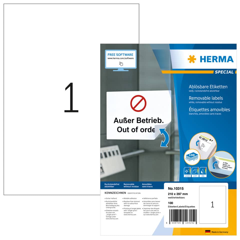 10315 Universaletiketten - 210 x 297 mm, weiß, ablösbar, matt, 100 Stück