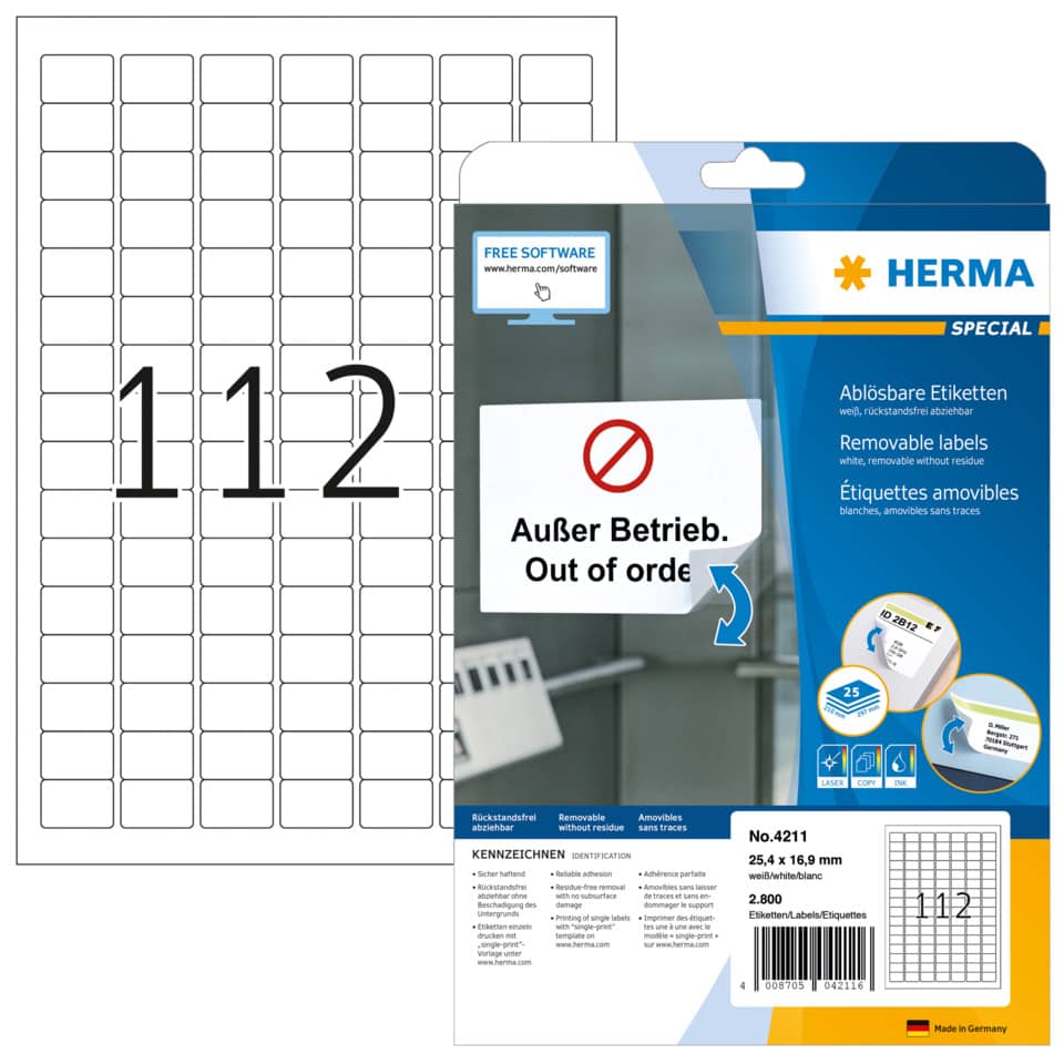 4211 Etiketten A4 weiß 25,4x16,9 mm Movables/ablösbar Papier matt 2800 St.