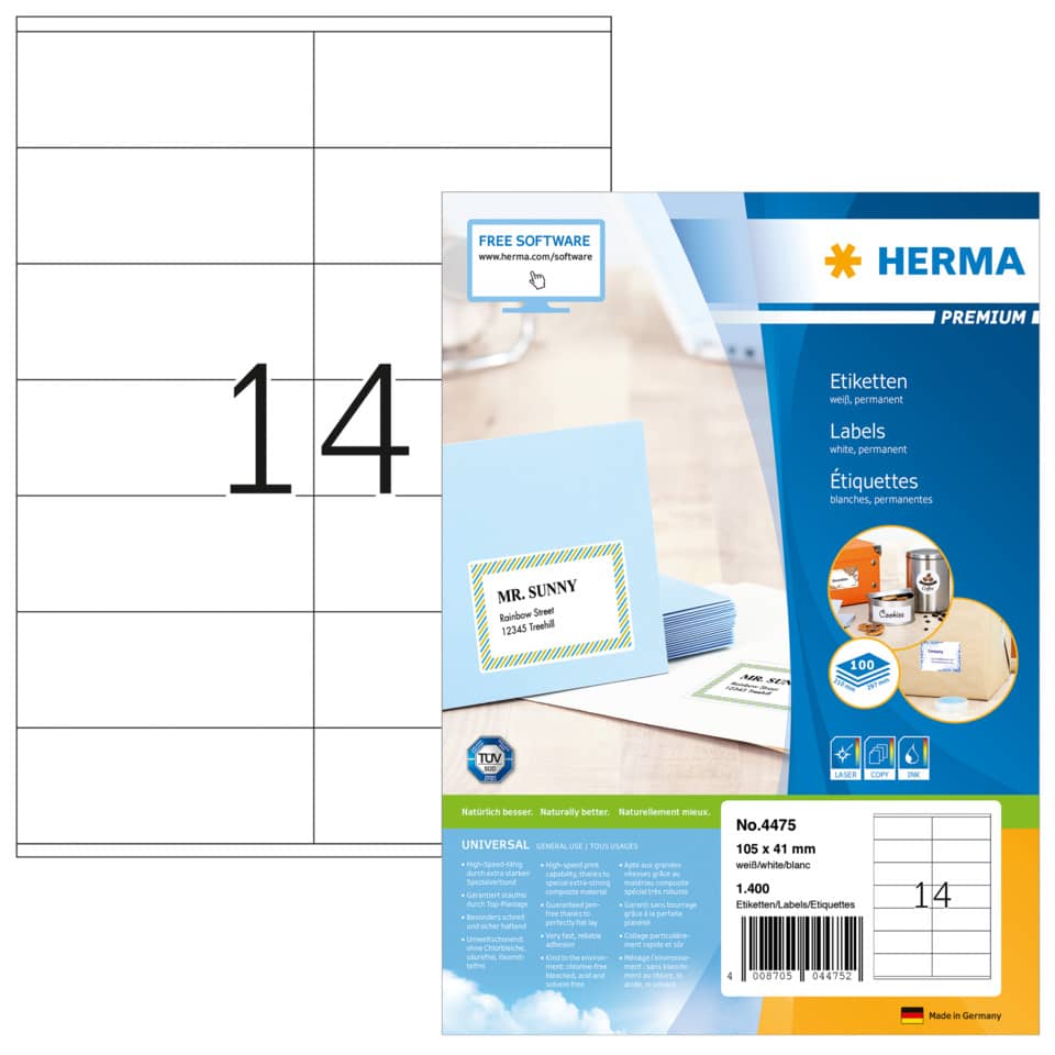4475 Etiketten Premium A4, weiß 105x41 mm Papier matt 1400 St.