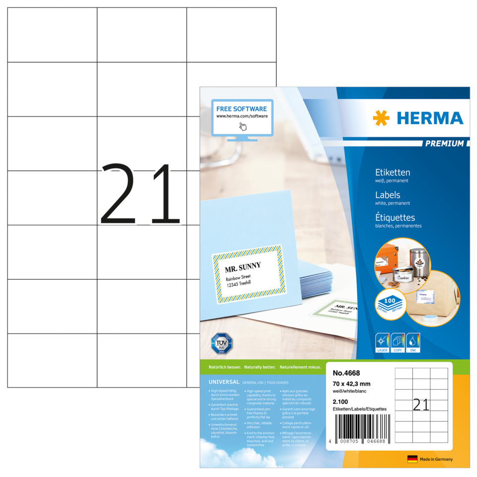 4668 Etiketten Premium A4, weiß 70x42,3 mm Papier matt 2100 St.