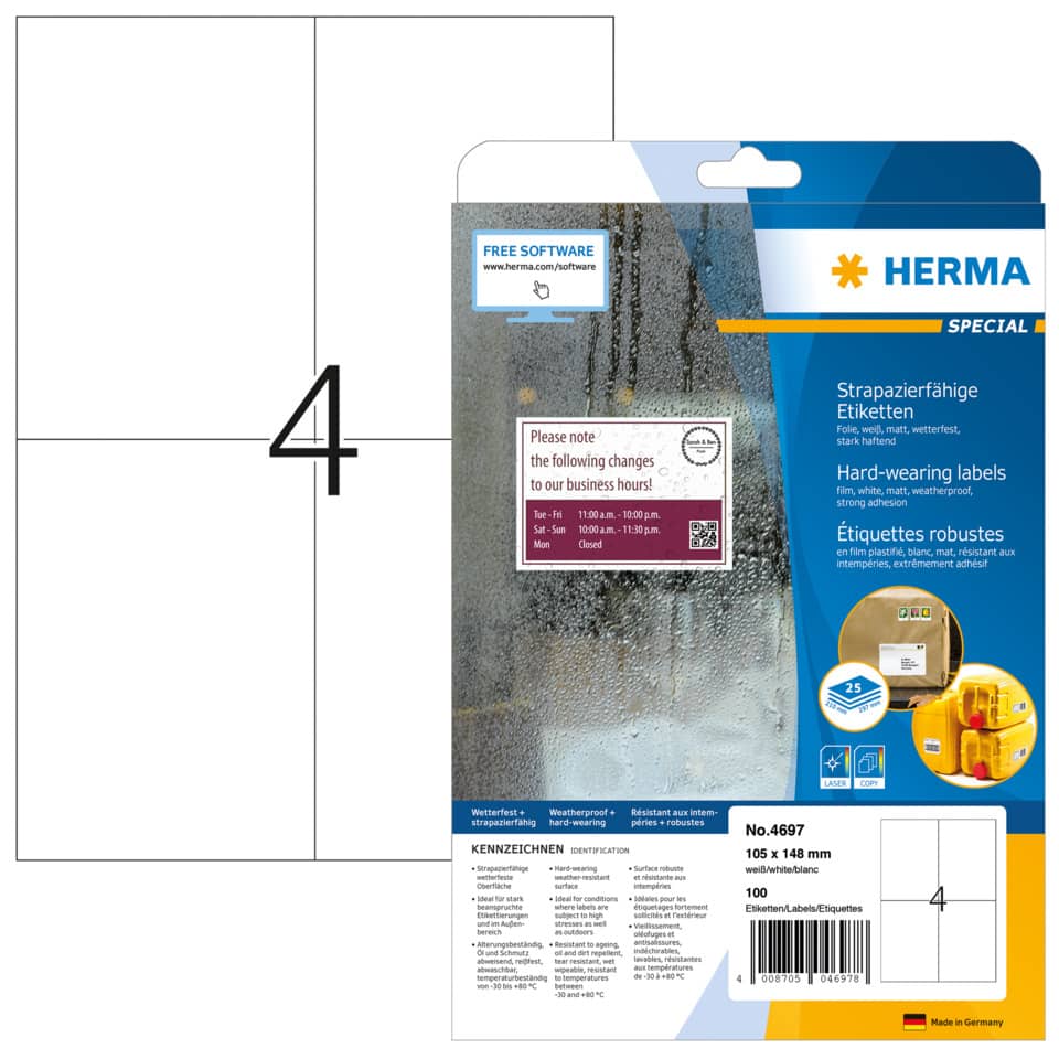 4697 Folienetiketten - 105 x 148 mm, weiß, extrem stark haftend, matt, 100 Stück