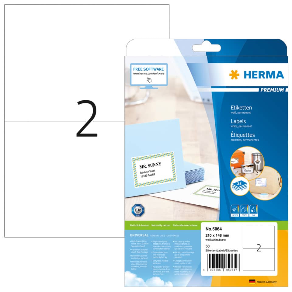 5064 Etiketten Premium A4, weiß 210x148 mm Papier matt 50 St.