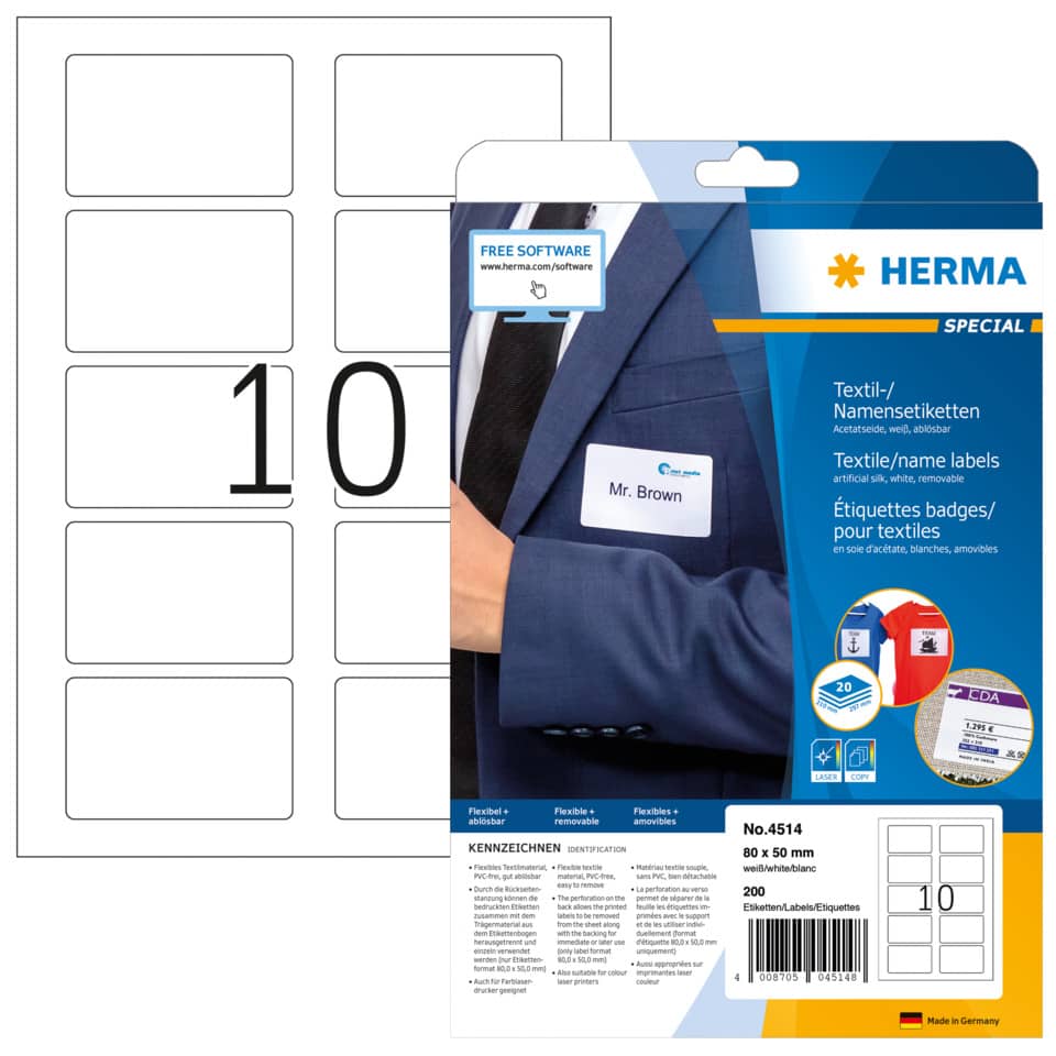 4514 Namensetiketten, ablösbar, A4, 80 x 50 mm, weiß, trennbar, Acetatseide, bedruckbar 200 Stück