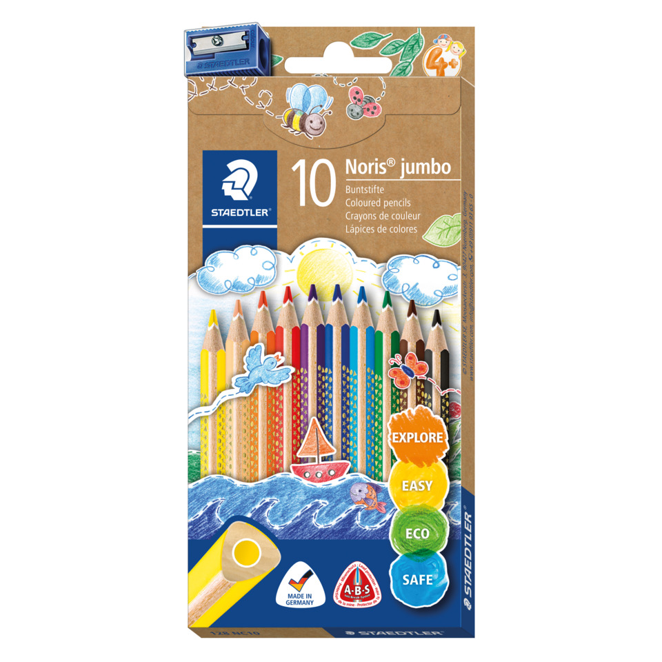 Farbstift Noris® jumbo - 4 mm, dreikant, Kartonetui mit 10 Farben + Spitzer