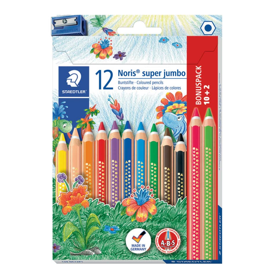 Farbstifte Bonuspack Noris® super jumbo - 4 mm, dreikant, Kartonetui, 10+2 Farben + Spitzer