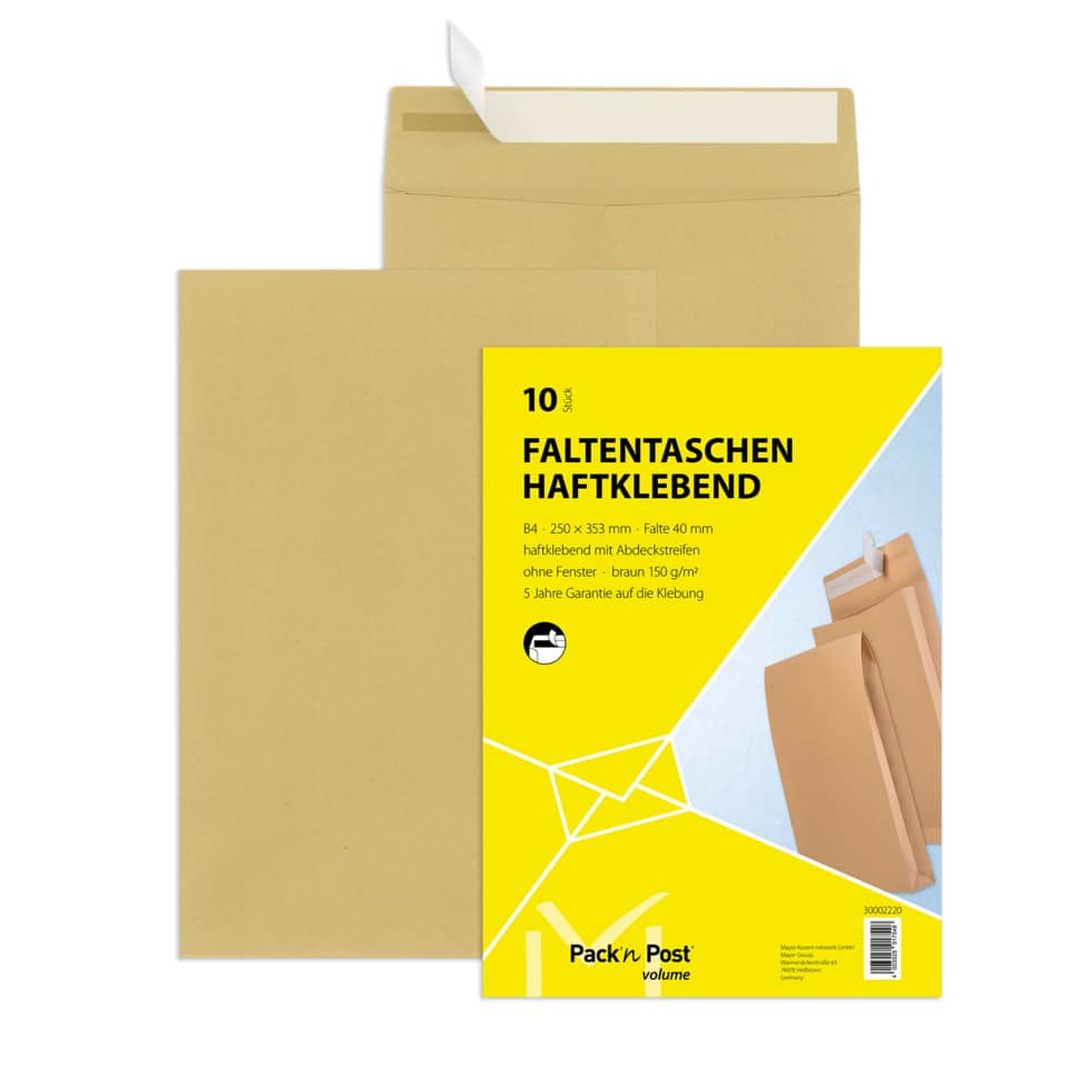 Faltentaschen - B4, ohne Fenster, 40 mm-Falte, Klotzboden, haftklebend, braun, 150 g/qm, 10 Stück