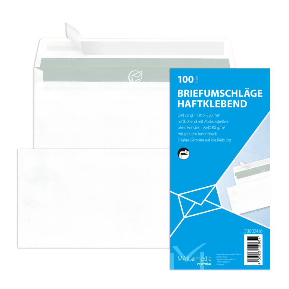 Briefhülle - DL, weiß, haftklebend, Innendruck, 80 g/qm, 100 Stück