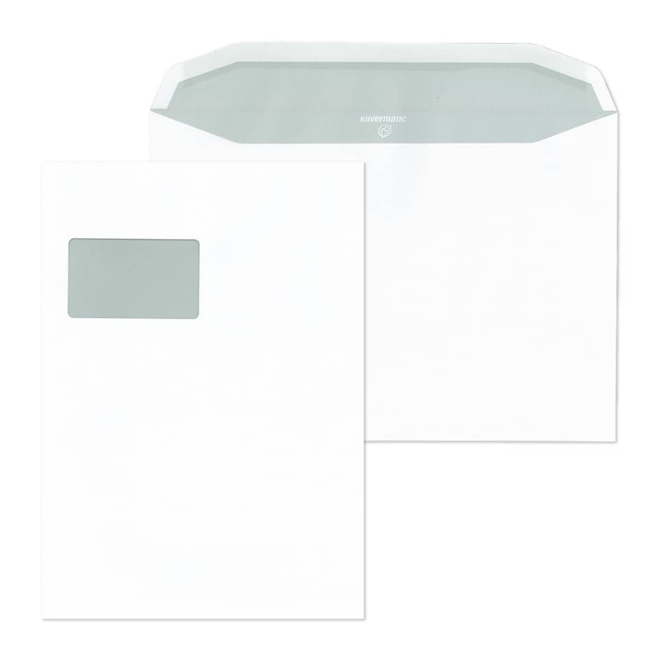 Versandtasche C4, mit Fenster, nassklebend, 100 g/qm, weiss