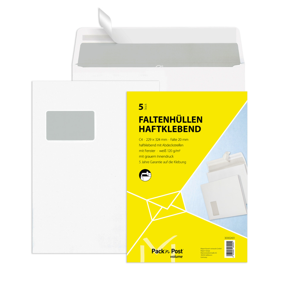 Faltentaschen - C4, mit Fenster, 20 mm-Falte, haftklebend, 120 g/qm, weiß, 5 Stück