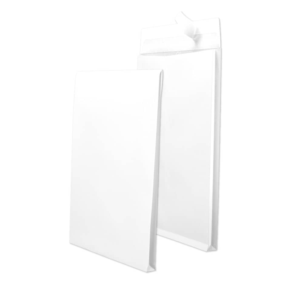 Faltentaschen - C4, ohne Fenster, 20 mm-Falte, Klotzboden, haftklebend, 120 g/qm, weiß, 100 Stück