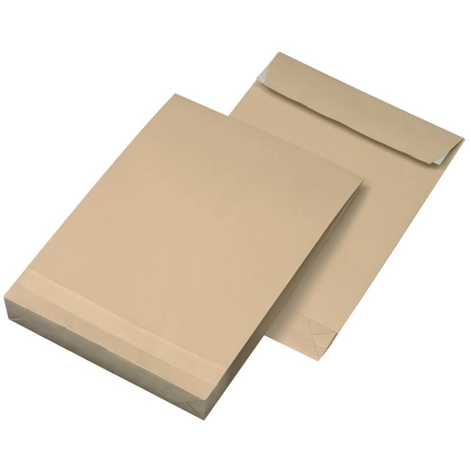 Faltentaschen - B4, ohne Fenster, 40 mm-Falte, Klotzboden, haftklebend, braun, 130 g/qm, 250 Stück