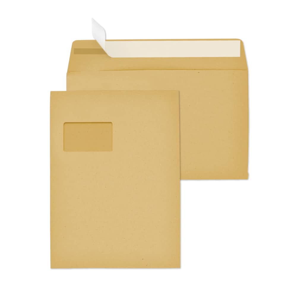 Faltentaschen - C4, Fenster, 20 mm-Falte, Spitzboden, haftklebend, braun, 110 g/qm, 250 Stück