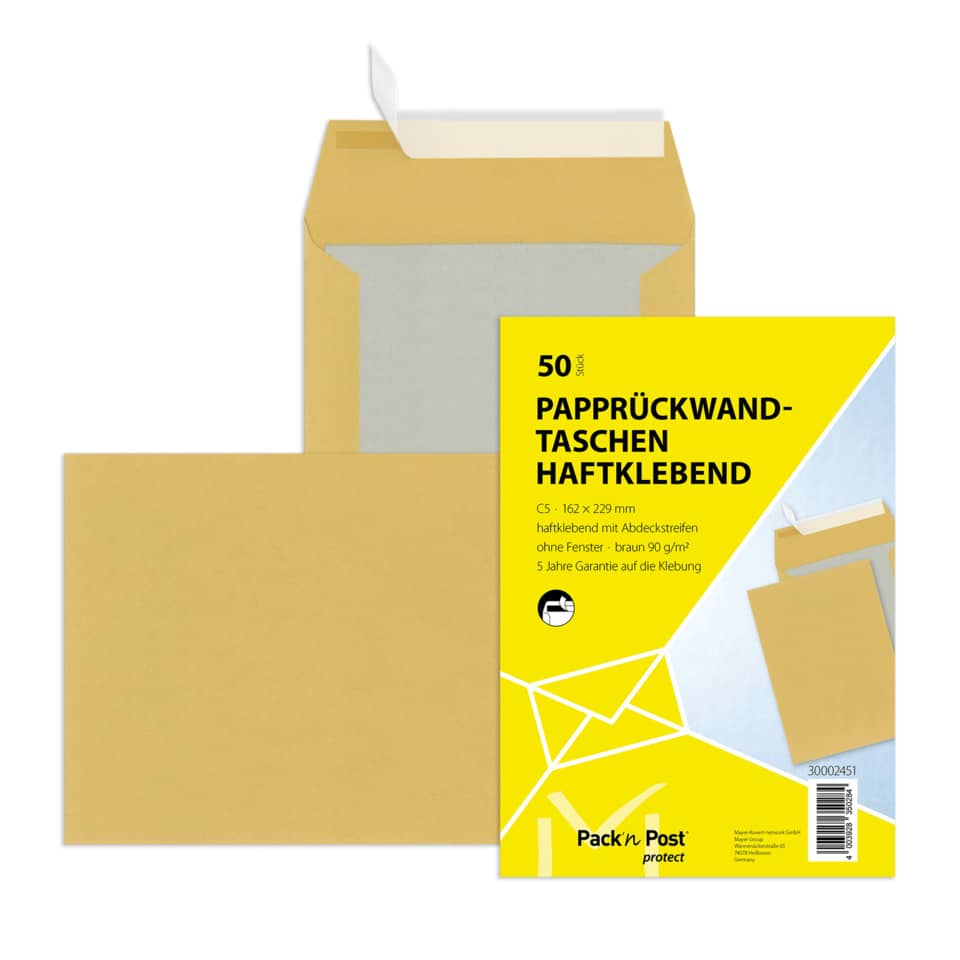 Papprückwandtasche C5, haftklebend,m.Abdeckstr.,o.F., braun, 90 g/qm,50 Stück