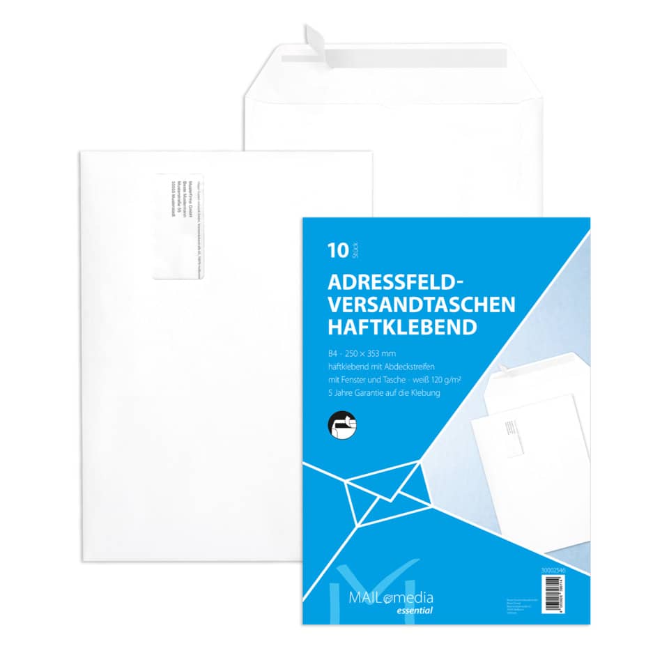 Versandtaschen B4, mit Adressfeldtasche, haftklebend, 120 g/qm, weiß, 10 Stück