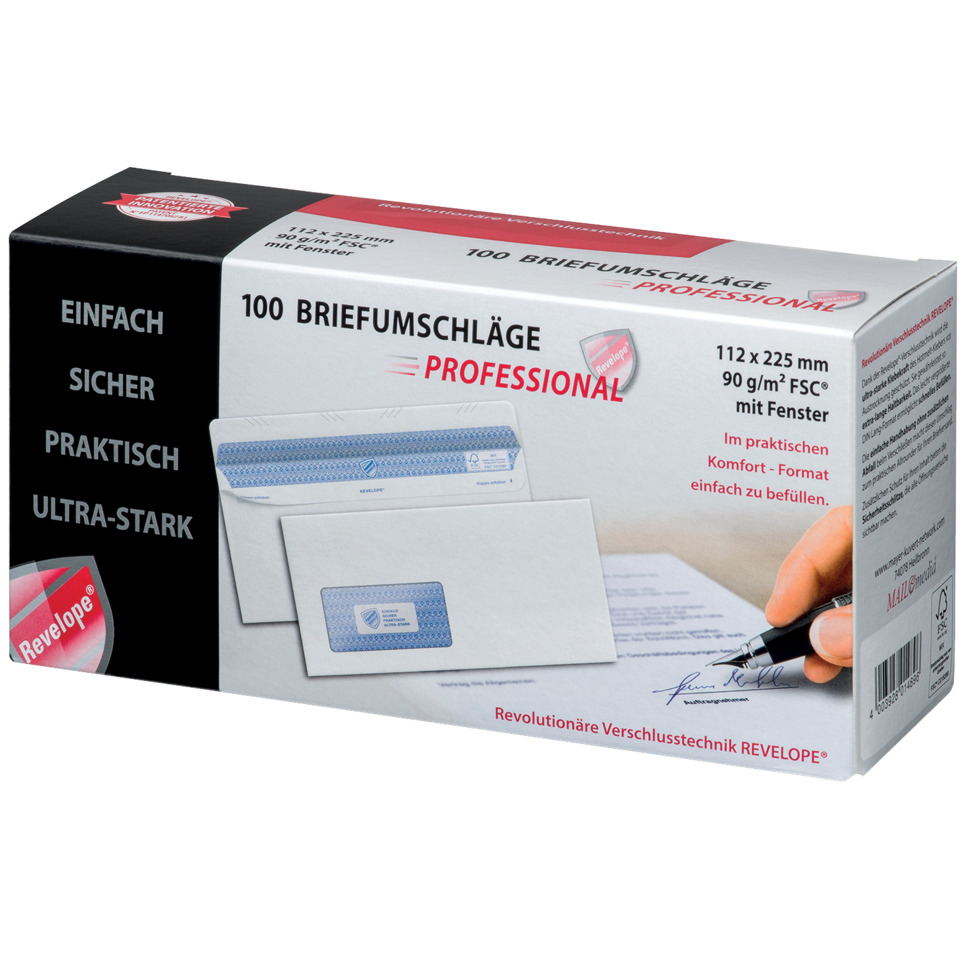 Briefumschlag Revelope® - 112 x 225 mm, m. Fenster, weiß, 90 g/qm, Innendruck, Revelope-Klebung, 100 Stück