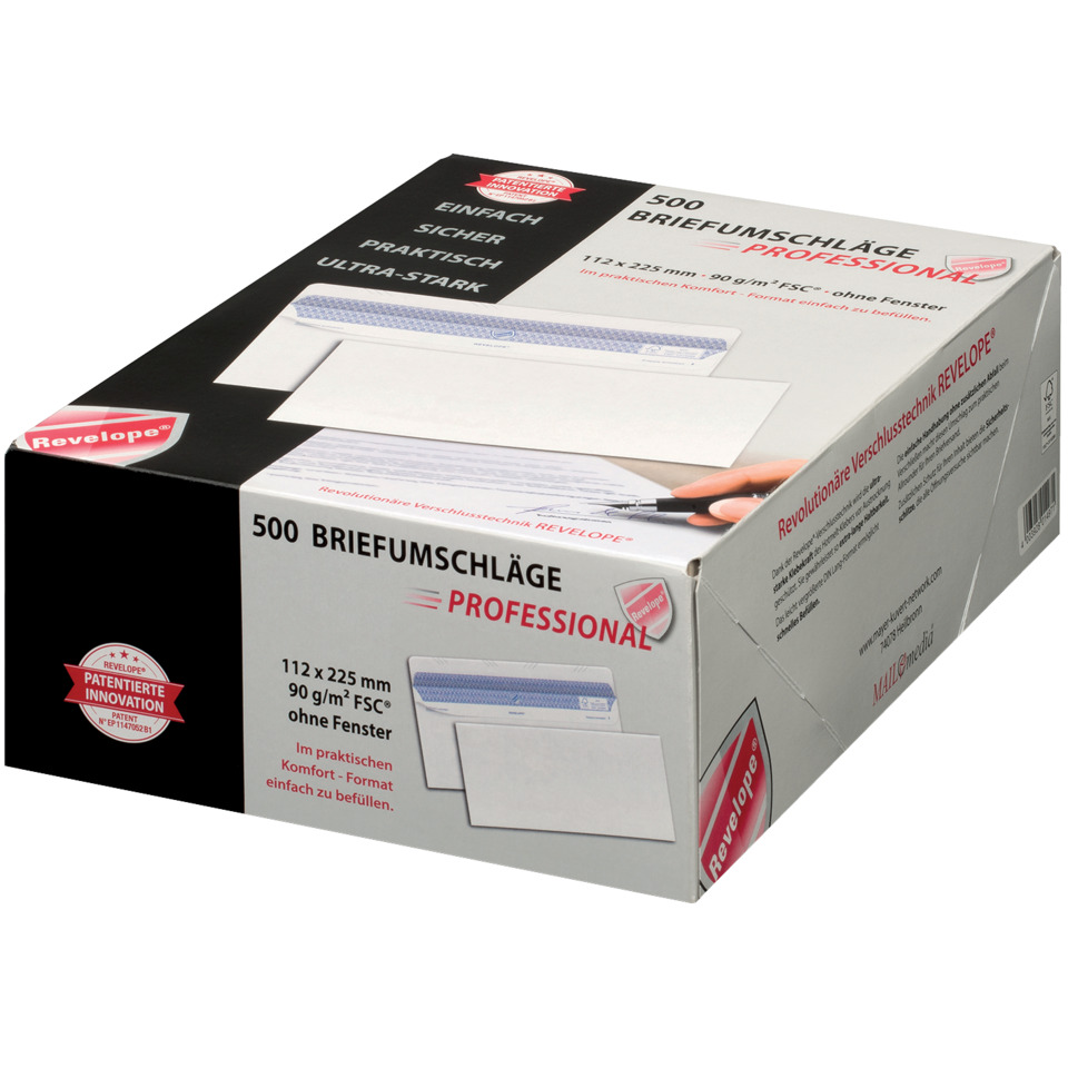 Briefumschlag Revelope® - 112 x 225 mm, o. Fenster, weiß, 90 g/qm, Innendruck, Revelope-Klebung, 500 Stück